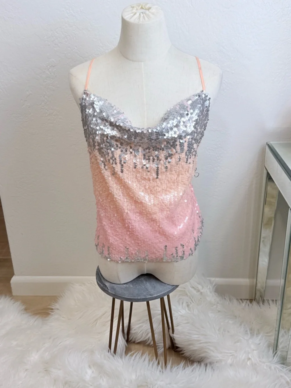 Endless Rose Silver to Peach Ombre Sequin Cowl Camisole - Picture 10 of 10